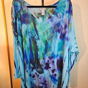 Liz & Me for Catherines Blue Peacock Bling Women's Top/Size 4X